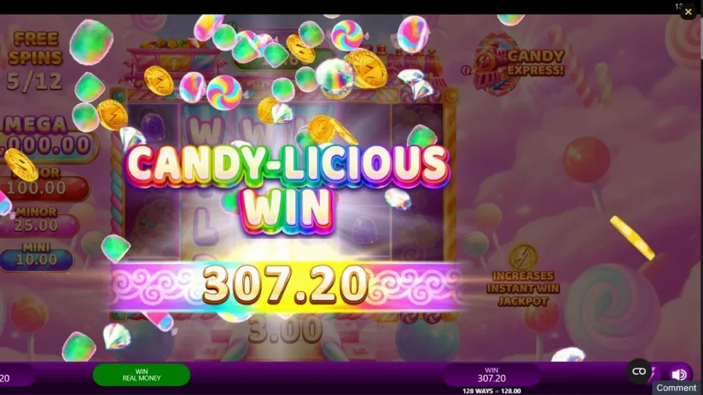 Cena vibrante do jogo Candy Express Gold Blitz com doces e trem