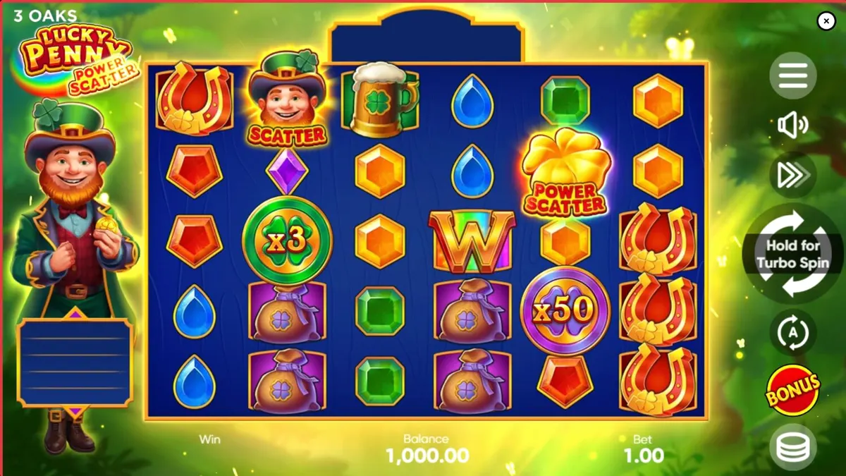 Leprechaun e floresta encantada no jogo Lucky Penny Power Scatter