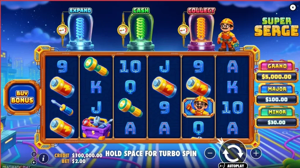 Interface vibrante e futurista do jogo de slot Super Serge com elementos neon.